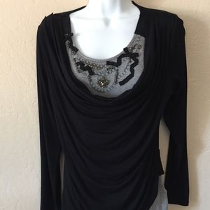 Alison Sheri Long Sleep Black/Gray Cowl Neck Top